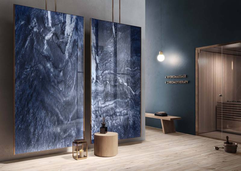 Carrelage en grès cérame imitation marbre bleu somptueux